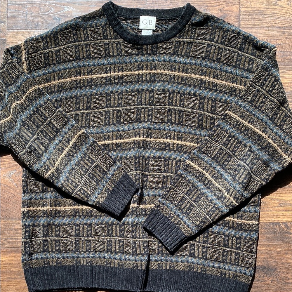Geoffrey Beene Crewneck Sweater in Black and Brown with Textured Stripes